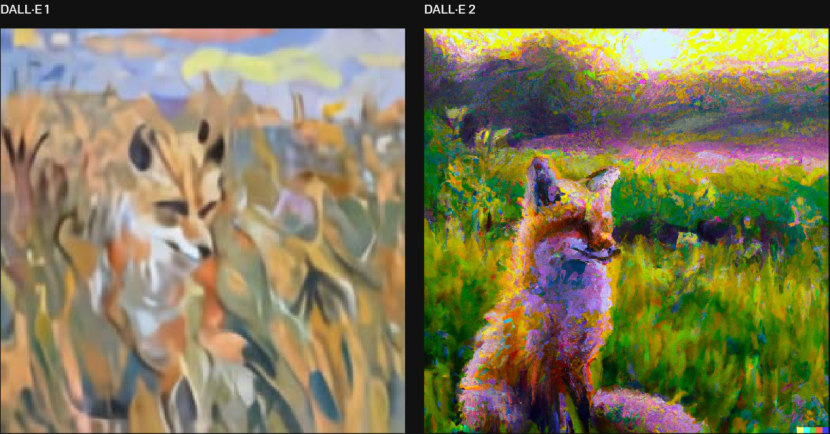 Prompt: “a painting of a fox sitting in a field at sunrise in the style of Claude Monet”
